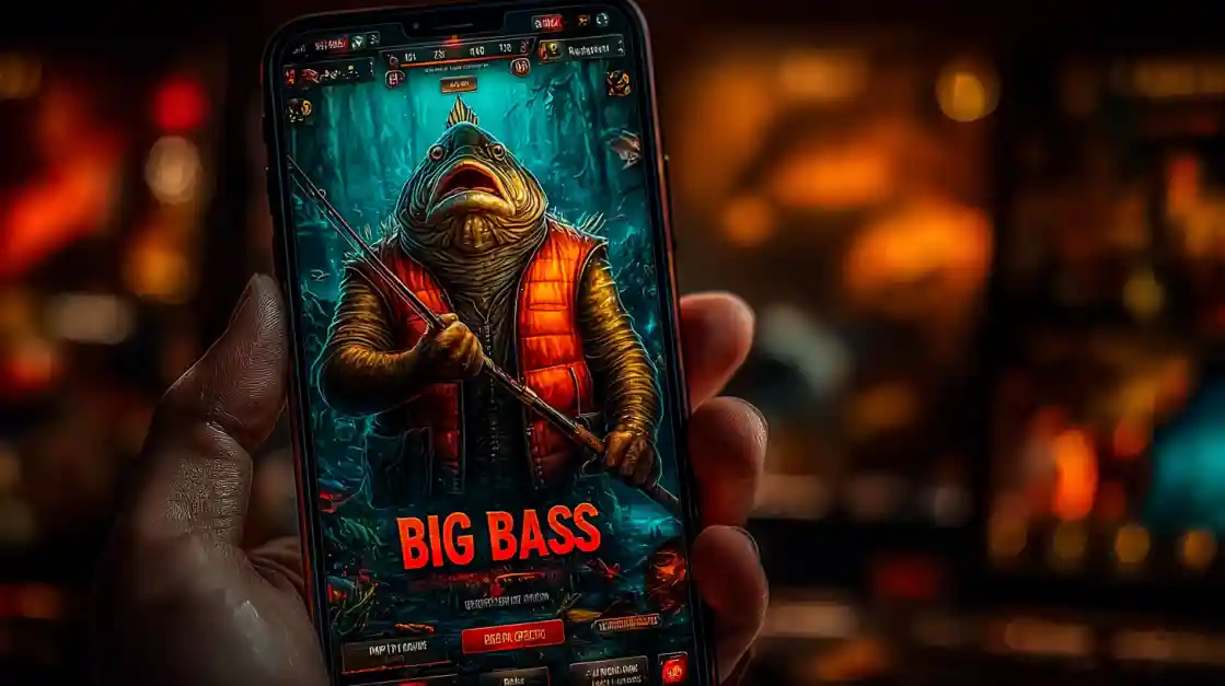 A close-up of a hand holding a smartphone showcasing a BIG BASS fishing game, featuring an anthropomorphic fish character, highlighting the engaging casual games on tk555.