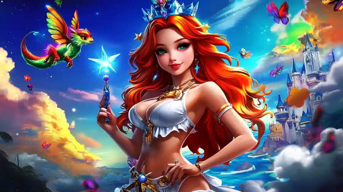 A vibrant fantasy scene featuring a beautiful princess with fiery red hair and a crown, holding a magic wand, with a small winged dragon and a fairytale castle in the background, embodying the magical world of tk555.