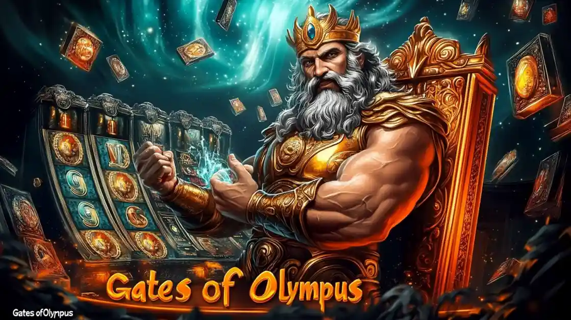 A majestic Zeus figure on a golden throne, surrounded by floating cards and a tk555 slot machine, with Gates of Olympus prominently displayed, inviting players to a mythical gaming experience.