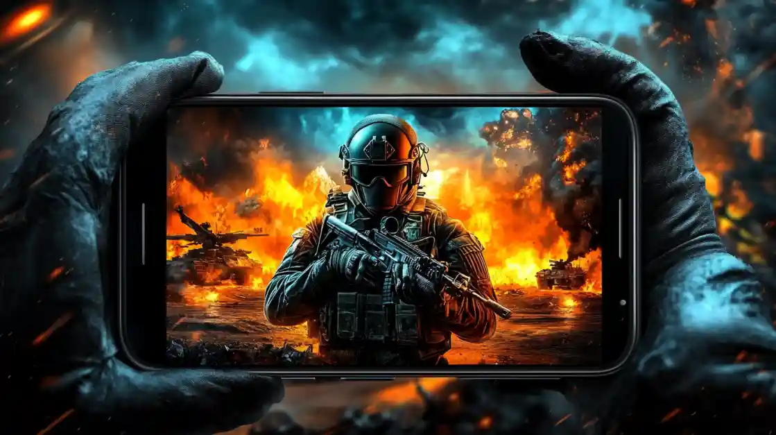 Hands holding a smartphone displaying an intense military shooter game with a soldier amidst explosions and tanks, showcasing the immersive action available on tk555.