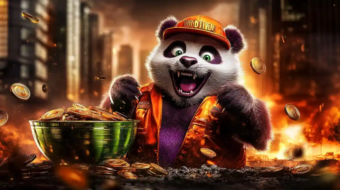 A cheerful panda character wearing an orange cap and jacket, surrounded by golden coins and a bowl of money, symbolizing wealth and good fortune with tk555.