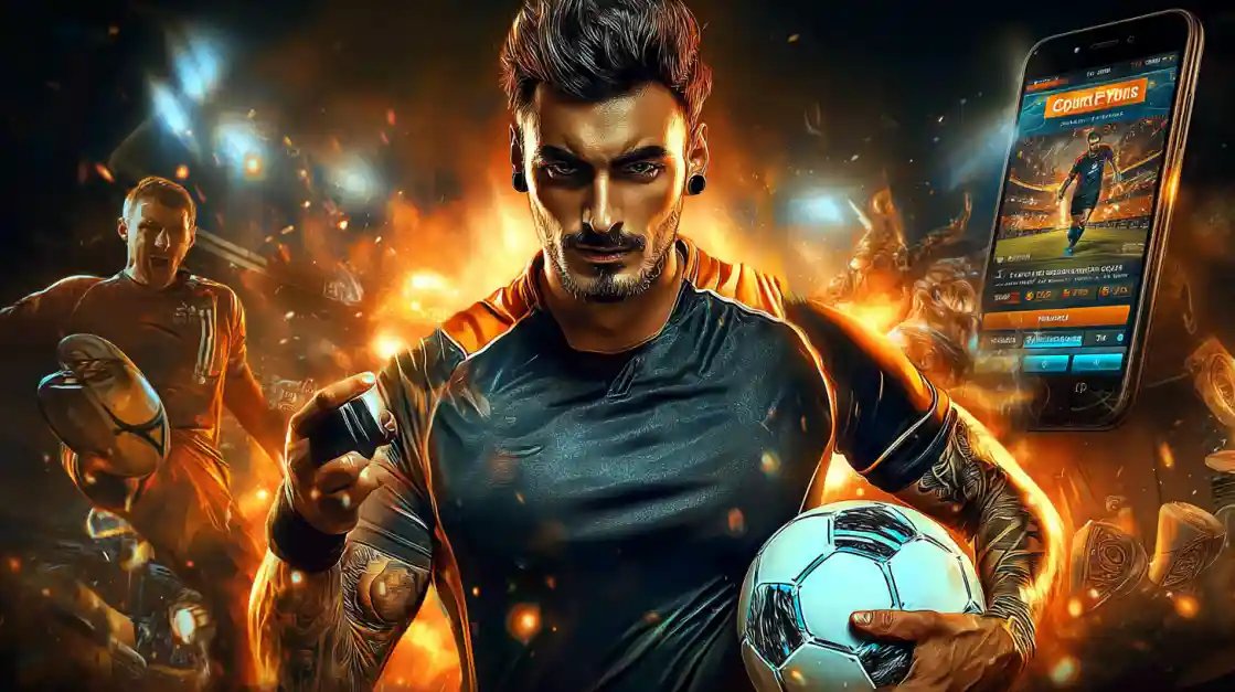 An intense male soccer player with tattoos holds a football, looking confidently at the camera with a tk555 sports betting app on a phone beside him, all set against a fiery action background.