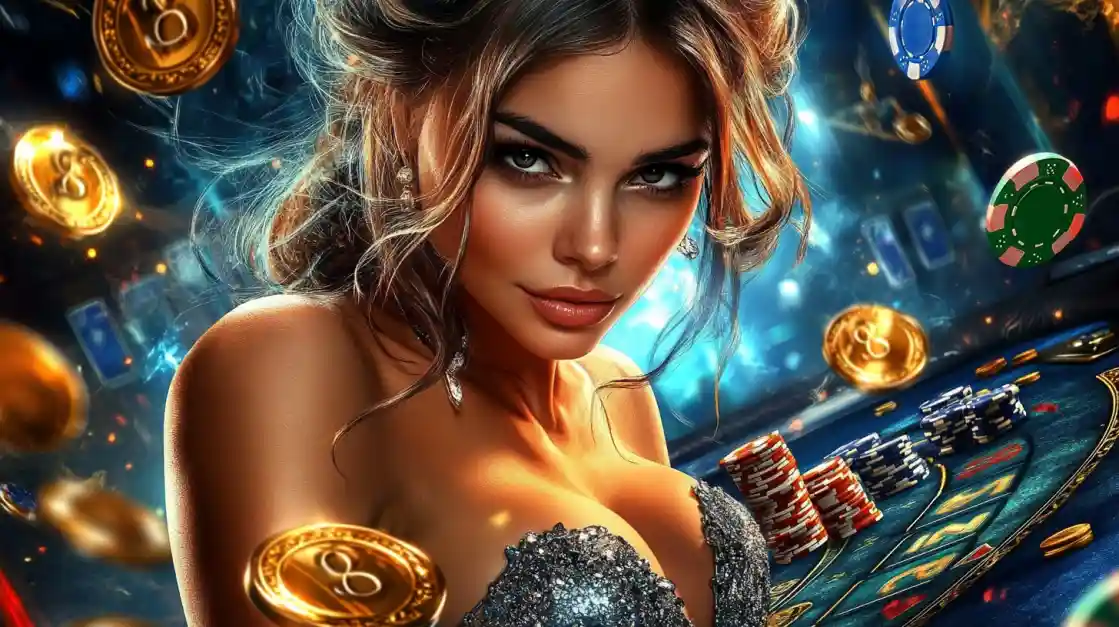 A beautiful woman in a glittering dress gives a captivating look while at a tk555 casino table, surrounded by floating gold coins, casino chips, and a roulette wheel.