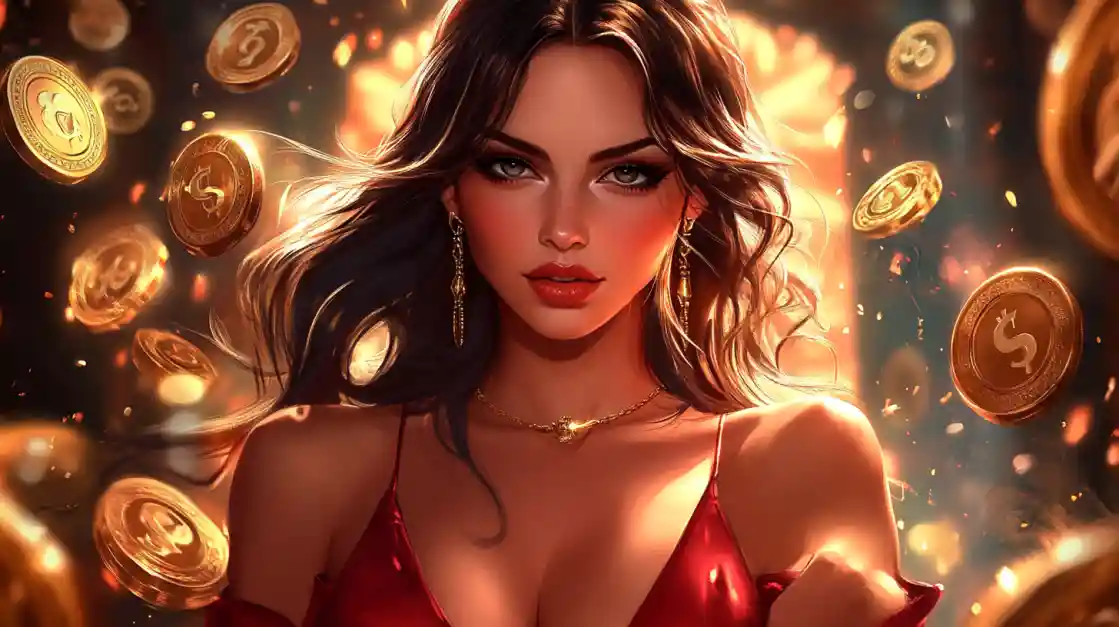 A stunning woman in a red dress, adorned with delicate jewelry, looks directly at the viewer as a shower of golden tk555 coins rains down around her, symbolizing big wins.
